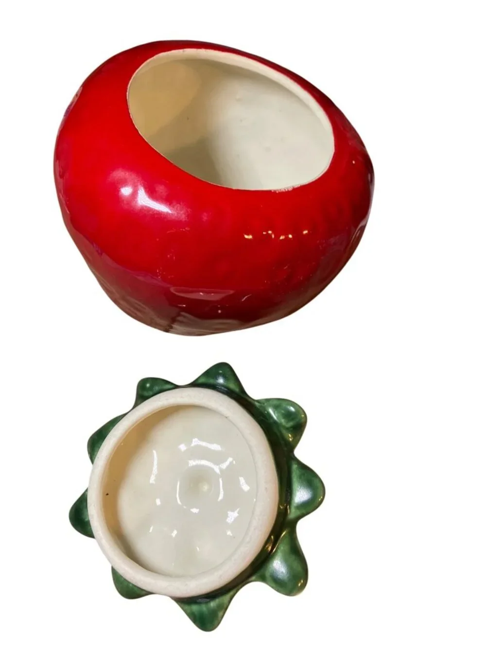 Strawberry Shaped Ceramic Cookie Jar Treat JarWith Lid Red and Green